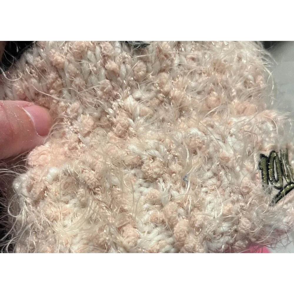 The Children's Place Girls Pink Fuzzy Patches Pom Pom Beanie Hat L/XL